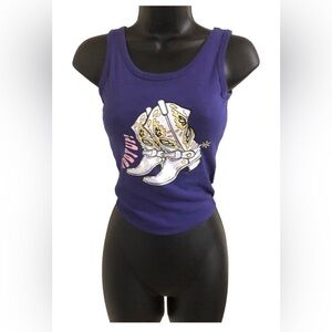 Purple giddyup white cowboy cowgirl boots graphic print crop tank top size large